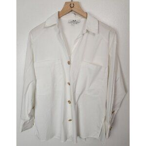 Magaschoni Women's Sz. S White Gold Detail Button Up Blouse